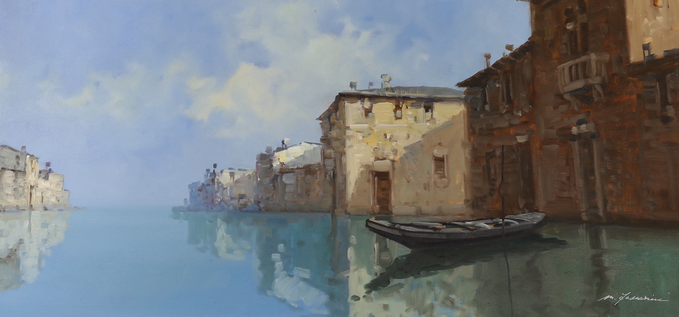 M. Fasciorini, oil on canvas, Venetian canal scene, signed, 40 x 81cm, unframed